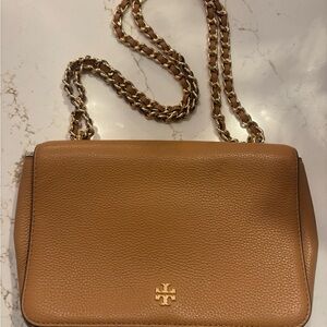 Tory Burch Brown Leather Shoulder Bag with Gold Chain